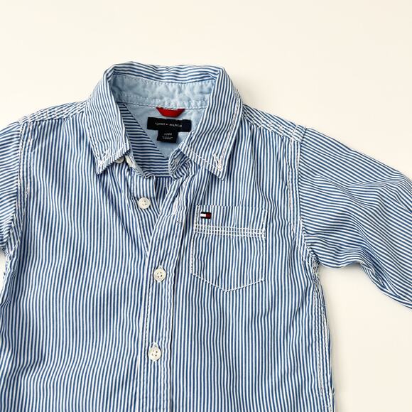 [Tommy Hilfiger] Blue White Striped Button Down Dress Shirt Cotton Size 12M Boys - Picture 3 of 5